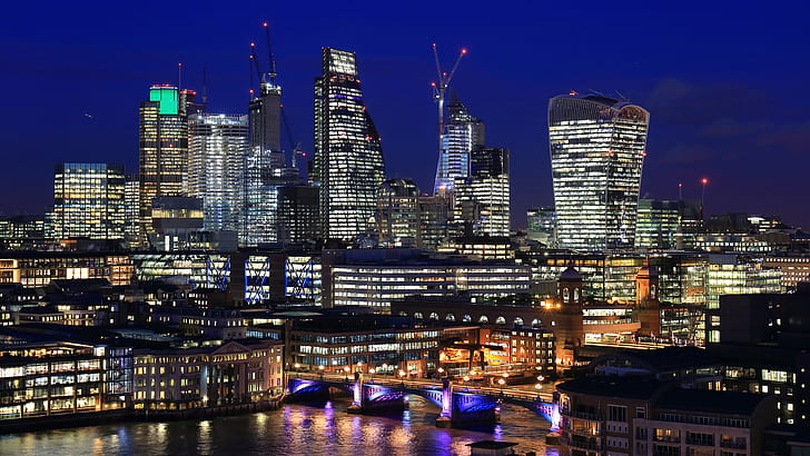 Londres, distrito financiero, luces de la ciudad, noche, Europa, Inglaterra, Reino Unido, Fondo de pantalla HD
