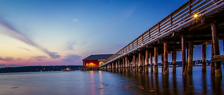 brown wooden bridge with house on body of water, Stillness, Heart, wooden bridge, house, body of water, Coupeville  Washington, Whidbey Island, Penn, Cove, Blue Hour, Long Exposure, Canon, Puget  Sound, Sunset, Wharf, pnw, sea, nature, sky, HD wallpaper