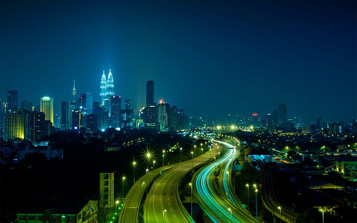 photography, urban, city, night, building, lights, skyscraper, highway, Malaysia, Kuala Lumpur, HD wallpaper