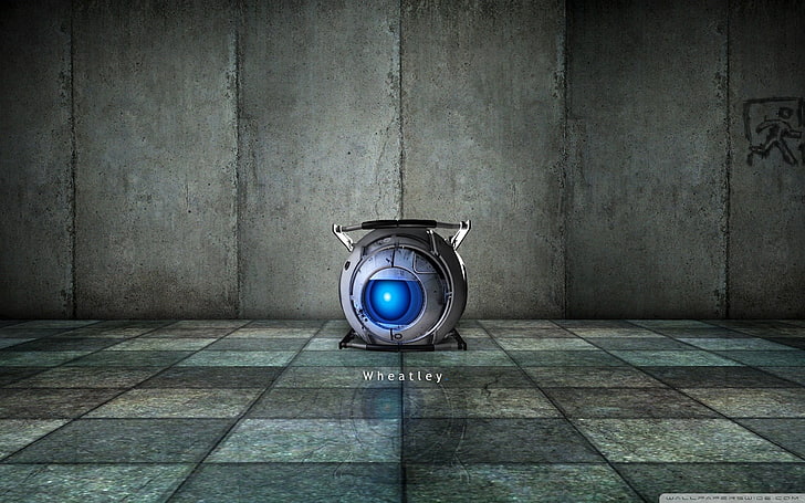 round gray and blue robot, video games, sphere, robot, Portal (game), Portal 2, Valve, Valve Corporation, Aperture Laboratories, Wheatley, HD wallpaper