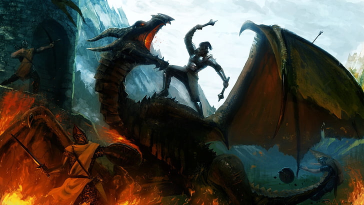ilustracja czarnego smoka, The Elder Scrolls V: Skyrim, smok, gry wideo, sztuka cyfrowa, sztuka fantasy, skrzydła, żołnierz, walka, zamek, ogień, wojna, Tapety HD