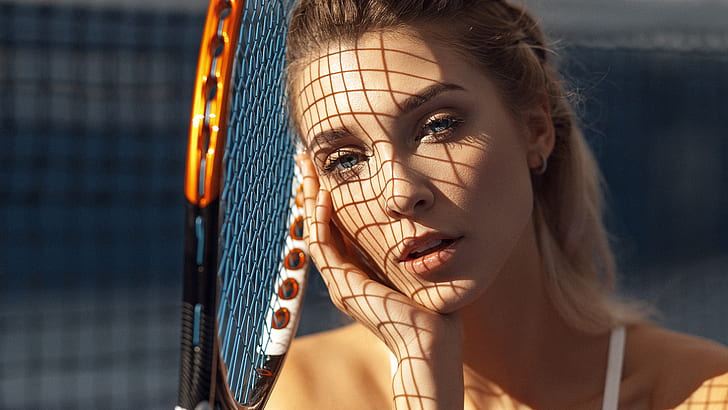 wanita, pirang, wajah, raket tenis, potret, mata abu-abu, Wallpaper HD