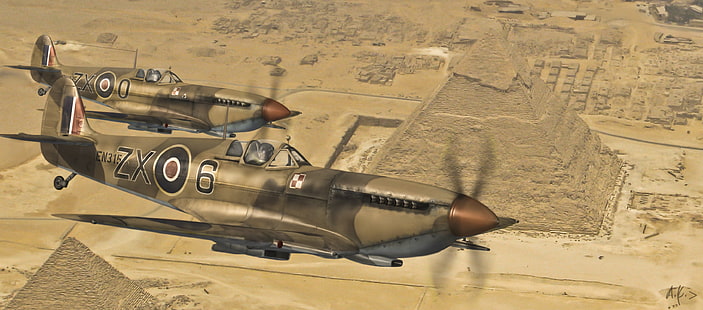 Dos aviones de combate ZX06 marrón y negro, la Segunda Guerra Mundial, militares, aviones, aviones militares, Reino Unido, avión, Spitfire, Supermarine Spitfire, Royal Airforce, pirámide, Fondo de pantalla HD HD wallpaper