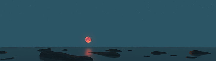 лунна илюстрация, пейзаж, залез, езеро, море, природа, луна, нощ, произведения на изкуството, цифрово изкуство, HD тапет