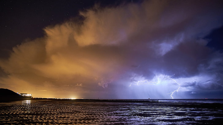 thunderstorm and clouds, nature, landscape, water, beach, sea, night, clouds, storm, lightning, coastline, stars, lights, HD wallpaper