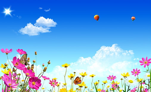 Dreamscape Spring 3, żółte i różowe kwiaty kosmosu, Pory roku, Wiosna, Dreamscape, Tapety HD HD wallpaper