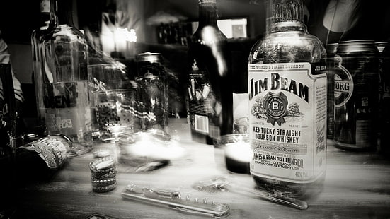 whiskey, monochrome, bottles, alcohol, HD wallpaper HD wallpaper