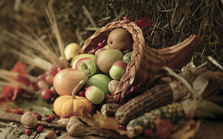 Food, Still Life, Apple, Basket, Corn, Fall, Leaf, Nut, Pear, Thanksgiving, Vegetable, HD wallpaper