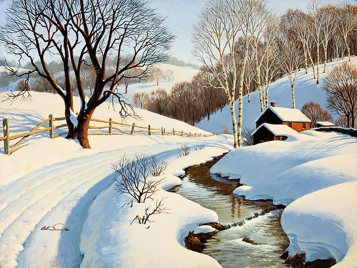 Зимний пейзаж, живопись, ручей, дом, дорога, деревья, снег, зима, декорации, живопись, ручей, дом, дорога, деревья, снег, HD обои