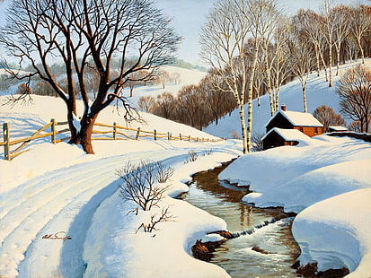 Lukisan pemandangan musim dingin, aliran, rumah, jalan, pohon, salju, musim dingin, pemandangan, lukisan, aliran, rumah, jalan, pohon, salju, Wallpaper HD HD wallpaper