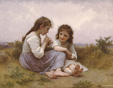 zwei Mädchen sitzen Malerei, künstlerische, Zeichnung, Flöte, Mädchen, Maters, Wiese, Öl, Reed, Rennaisance, HD-Hintergrundbild HD wallpaper