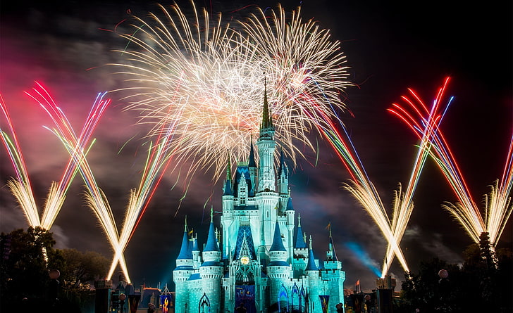 Волшебное королевство фейерверки, Disney Castle с фейерверками цифровые обои, праздники, хэллоуин, Walt Disney World Resort, Halloween Party, HD обои
