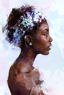 المرأة ، الرسم ، الأبنوس ، الزهور، خلفية HD HD wallpaper