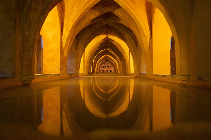 abbey, ancient, andalusia, arch, arches, architecture, art, building, cathedral, cellar, church, city, gothic, historic, indoors, landmark, light, monastery, palace, pool, reflection, religion, religious, shadow, shiny, travel, tunnel, HD wallpaper
