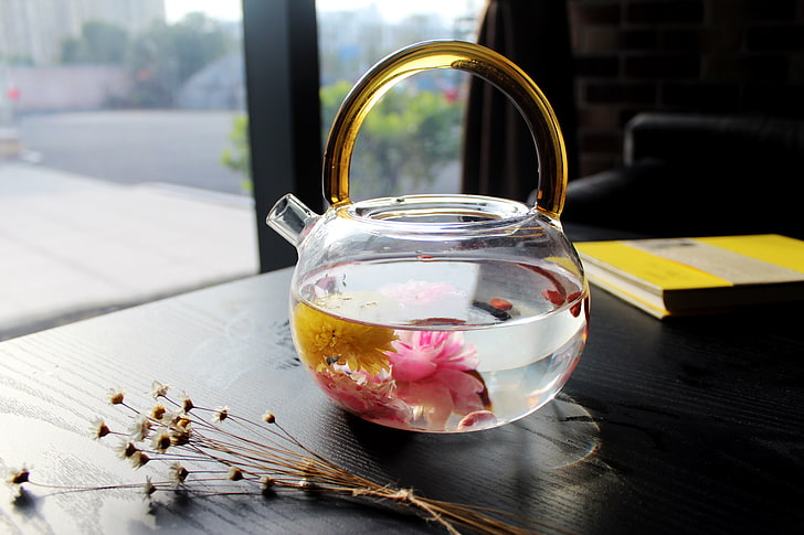 clear glass teapot fish bowl, kettle, tea, flowers, HD wallpaper