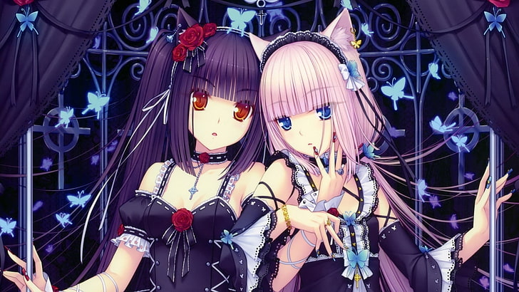 Zwei weibliche Anime-Charaktere mit lila und rosa Haaren, Nekomimi, Neko Para, Chocolat (Neko Para), Vanille (Neko Para), Bildroman, HD-Hintergrundbild