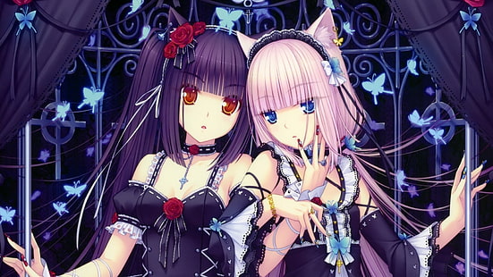 duas personagens de anime femininos de cabelos roxos e rosados, nekomimi, Neko Para, Chocolat (Neko Para), Baunilha (Neko Para), romance visual, HD papel de parede HD wallpaper