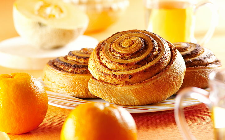 breakfast, cinnamon, food, orange, pastry, rolls, scones, sweets, HD wallpaper