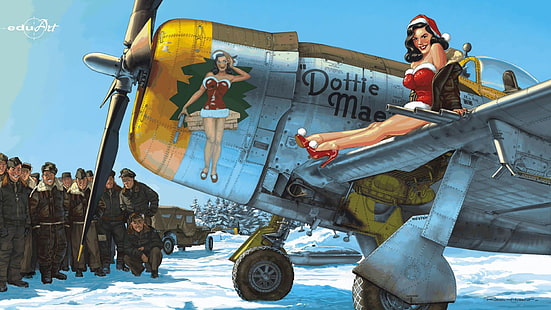 ragazza, neve, anno nuovo, arte, aereo, USAF, pin-up, fulmine P-47, Sfondo HD HD wallpaper