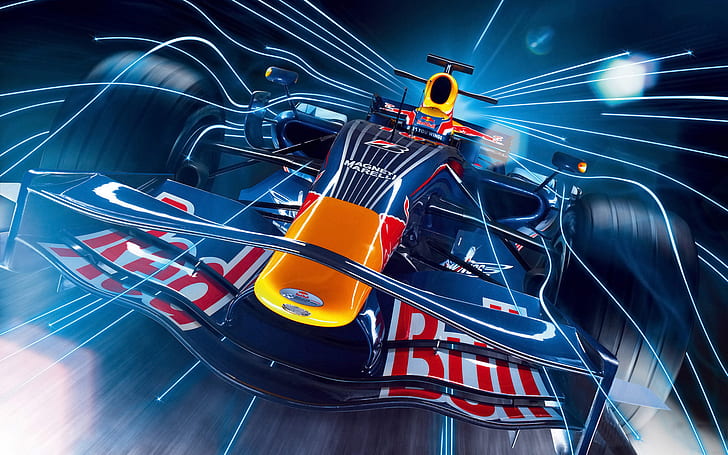 Red Bull F1 HD, black and orange formula one car, red, creative, graphics, creative and graphics, f1, bull, HD wallpaper