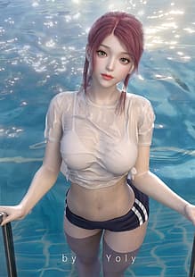 CGI, digital art, women, bikini, Yoly, wet clothing, swimming pool, water, HD wallpaper HD wallpaper