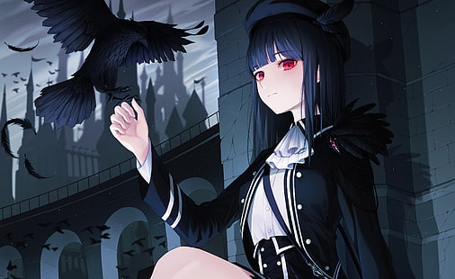  Anime, Original, Black Hair, Crow, Girl, Red Eyes, HD wallpaper HD wallpaper