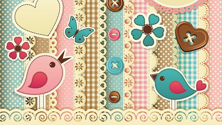 Birds Buttons, gingham, papillon, fjäril, blommor, tyg, brun, aqua, pastell, fjärilar, pläd, sömmar, HD tapet
