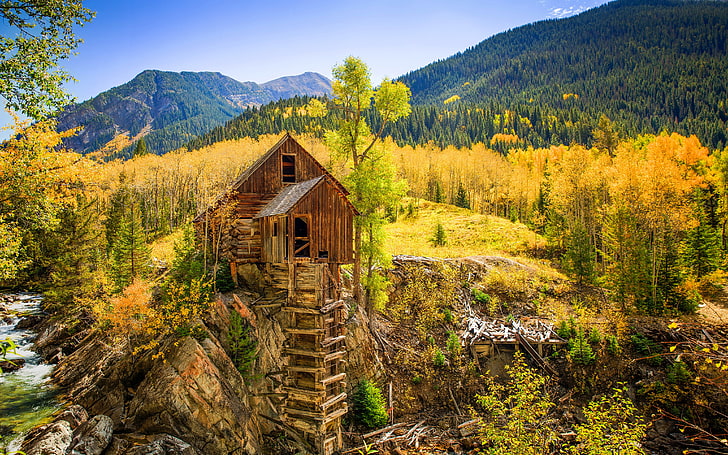 Осенний пейзаж Колорадо Us% d0% b0 Кристаллическая река Горы Аспен Деревья с золотисто-желтыми листьями Сосновый бор Деревянный дом Природа Обои Hd 4200 × 2625, HD обои