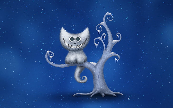 chat blanc au sommet de l'illustration de l'arbre, hiver, flocons de neige, sourire, arbre, chat du Cheshire, Fond d'écran HD