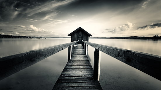 reflection, lake, dock, morning, calm, perspective, horizon, cloud, water, boathouse, sky, black and white, photography, monochrome photography, monochrome, one point perspective, pier, one point perspective photography, HD wallpaper HD wallpaper