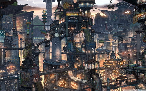 ilustrasi bangunan tinggi, anime, Imperial Boy, seni fantasi, Domba Bunuh Diri, lanskap kota, kota fantasi, Jepang, Wallpaper HD HD wallpaper