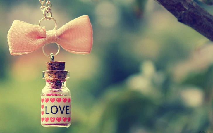 Vial of love hanging from a pink bow, clear glass bottle with pink ribbon key chain, love, vial, bow, pink, heart, HD wallpaper