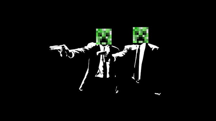 Minecraft Pulp Fiction Black Creeper HD, dos cabezas pixeladas con foto de pistola, videojuegos, negro, minecraft, ficción, pulpa, enredadera, Fondo de pantalla HD
