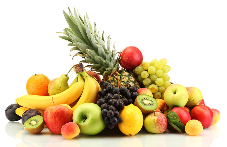 фруктовое ассорти, ягоды, яблоки, апельсины, виноград, бананы, фрукты, ананас, персики, слива, цитрусовые, груша, лимоны, абрикосы, нектарин, HD обои