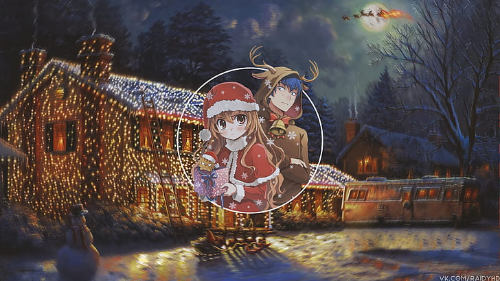anime, chicas anime, chicos anime, imagen en imagen, Navidad, sombreros de Santa, Fondo de pantalla HD