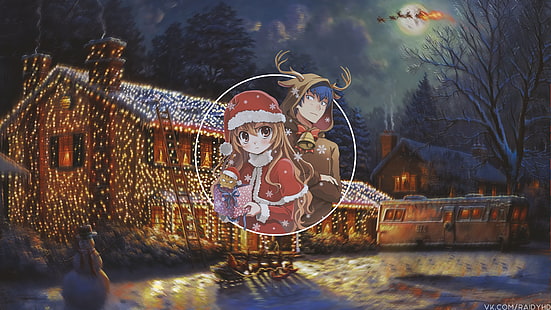 anime, garotas anime, garotos anime, imagem em imagem, Natal, chapéus de Papai Noel, HD papel de parede HD wallpaper