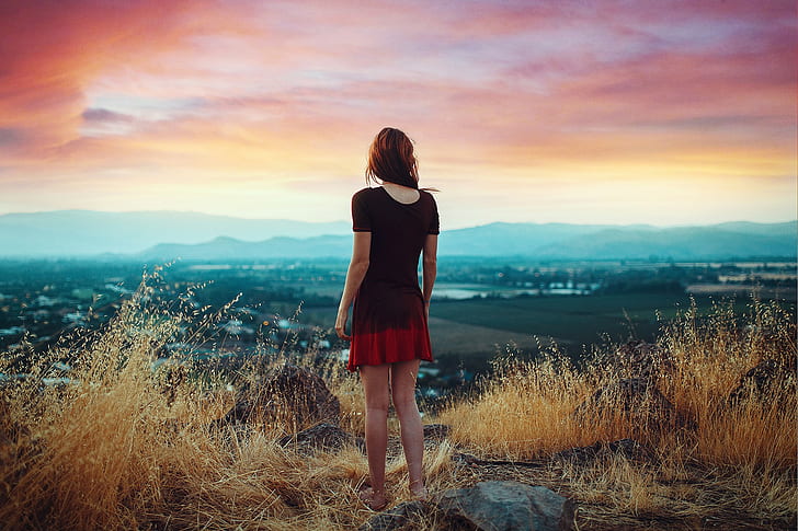 Момиче, пейзаж, изглед, дамска черна риза с лакът и червена пола, момиче, пейзаж, изглед, HD тапет