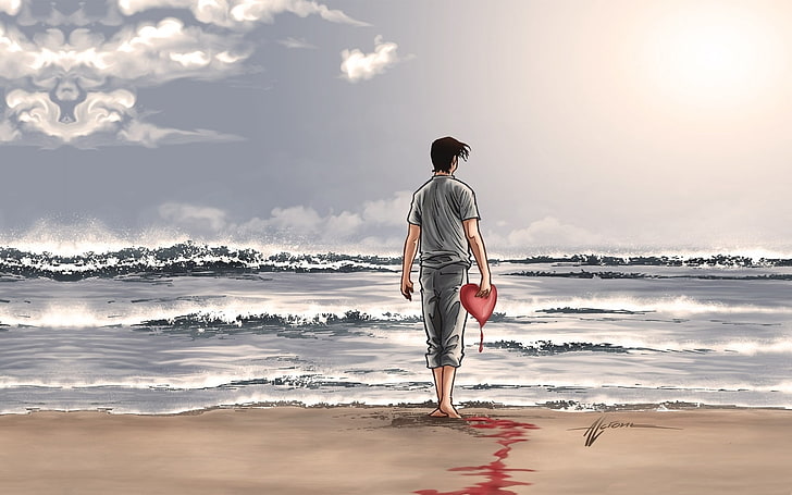 man holding human's heart illustration, boy, heart, shore, beach, water, sky, clouds, HD wallpaper
