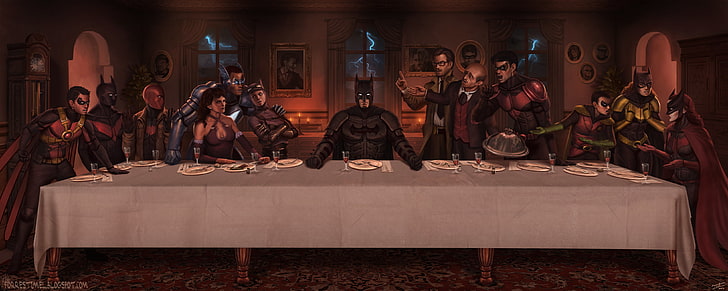 Batman la dernière illustration du souper, DC Comics le dernier souper, DC Comics, Robin (personnage), Batman, Catwoman, Nightwing, Red Hood, Cène, La Cène, oeuvre d'art, Fond d'écran HD