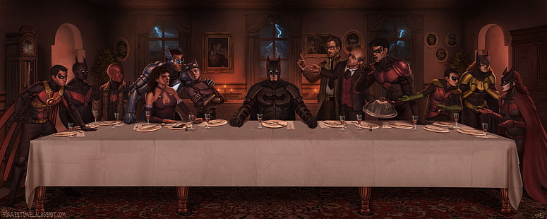 Batman la dernière illustration du souper, DC Comics le dernier souper, DC Comics, Robin (personnage), Batman, Catwoman, Nightwing, Red Hood, Cène, La Cène, oeuvre d'art, Fond d'écran HD HD wallpaper