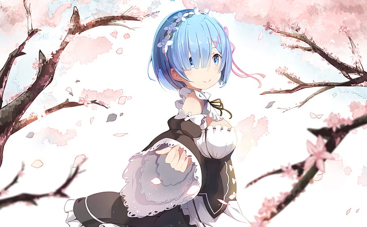 Anime, Re:ZERO -Starting Life in Another World-, Blossom, Blue Eyes, Blue Hair, Face, Girl, Maid, Re:Zero, Rem (Re:ZERO), Short Hair, HD wallpaper