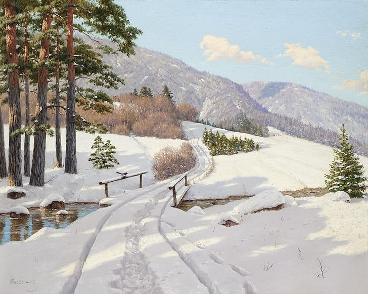 jembatan kayu coklat dekat pohon, musim dingin, jembatan, lukisan, salju, karya seni, Wallpaper HD
