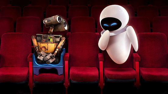 Обои Disney Pixar Wall-E и Eve, красные, кресло, Wall-e, кинотеатр, Eva, HD обои HD wallpaper