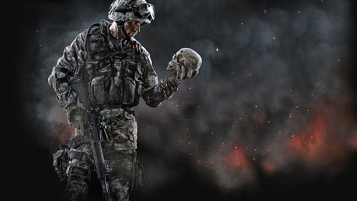 Videospielplakat, Waffen, Flamme, Schädel, Soldaten, Patronen, Gewehr, Helm, Weste, Crytek, trübe, Warface, HD-Hintergrundbild