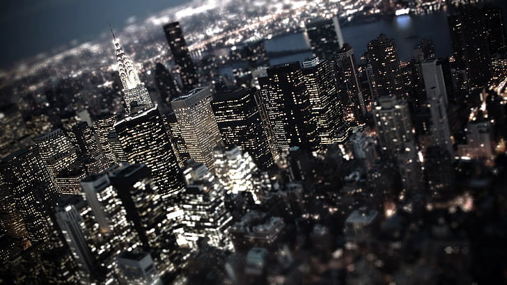 city, cityscape, night, lights, city lights, skyscraper, New York City, USA, tilt shift, HD wallpaper
