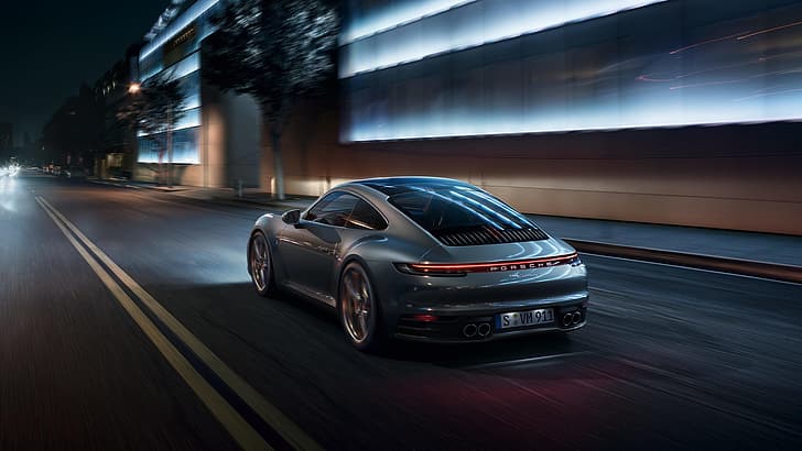 maszyna, światło, noc, miasto, światła, sport, Porsche 911 Carrera S, 992, 2019, Tapety HD