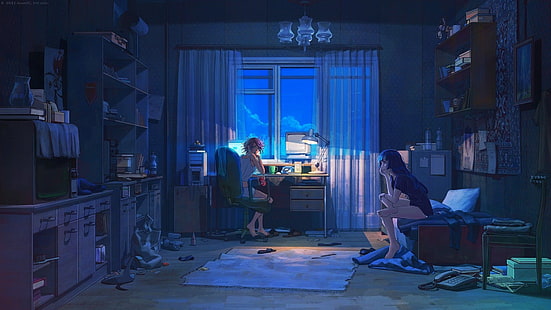 kobieta siedząca na łóżku ilustracja, anime dziewczyny, oryginalne postacie, ciemny, światło księżyca, komputer, wieczne lato, kobiety, pokój, Tapety HD HD wallpaper
