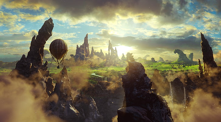 Oz The Great And Powerful Scene, rock formations, Movies, Oz the Great and Powerful, Great, Scene, Fantasy, Ride, hot air balloon, Adventure, march, 2013, Powerful, HD wallpaper