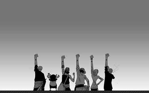 One Piece, piratas, anime, mangá, arte digital, Monkey D. Luffy, monocromático, braços erguidos, fundo simples, HD papel de parede HD wallpaper