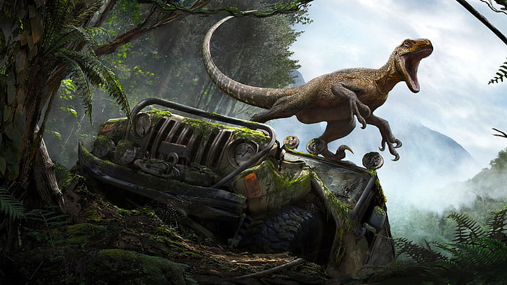 artwork, Jeep, wreck, vehicle, dinosaurs, HD wallpaper